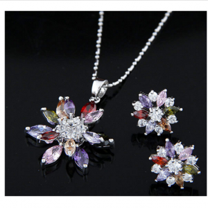 Multi Color Flower Stones Pendant Necklace Stud Earrings Set
