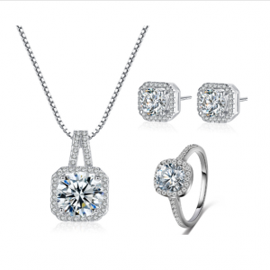 Round Cut Cubic Zircon Crystal Silver Stone Necklace Earrings Ring Jewelry Set