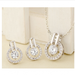 Crystal White Zircon Stones Pave Circle Earring Necklace Set