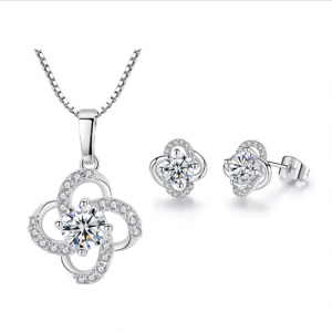 Four Leaf Stone Pendant Necklace Earrings Jewelry Set