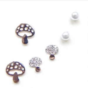Mushroom Zircon Stones & Pearl Stud Pair Set Earrings